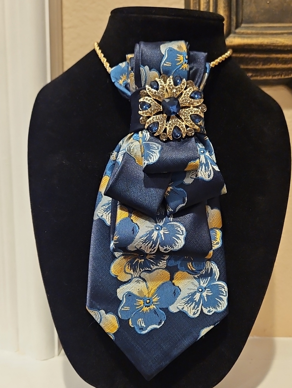 Navy Blue Floral Satin Necktie with Gold and Navy Brooch